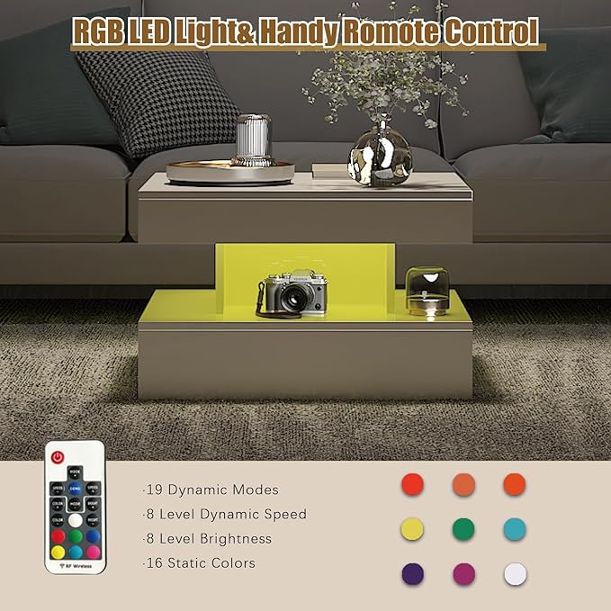 Small White Led Coffee Table for Living Room, 23.6" Wood Square 2-Tier Storage Modern Center Table, Modern High Glossy Wooden Coffee Tables for Small Space