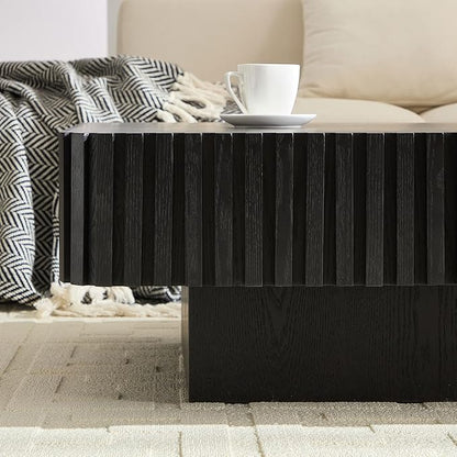 KEVINSPACE Square Wood Coffee Table, Fluted CoffeeTable Handcraft Drum TeaTable CenterTable for Living Room, Modern Wooden CocktailTable for Small Space, Easy Assembly 35.43" 15.75" H Black