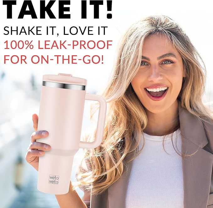 WETOWETO 40oz Tumbler with Handle and Lid | 100% Leakproof Insulated Stainless Steel Travel Mug | Keeps Cold 34Hrs/Hot 10Hrs | Dishwasher Safe, Fits Car Cup Holder (Rose Quartz Color)