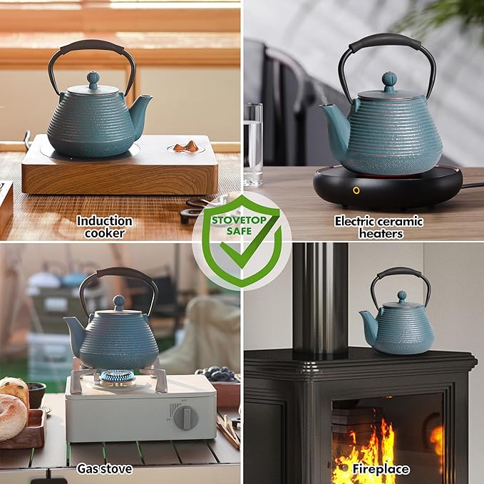 Cast Iron Teapot, 33oz Tea Kettle Stovetop Safe with Infuser for Tea & Coffee, Hand made Japanese Tea Pot Coated with Enameled Interior, Silicone Handle, 950ml Blue