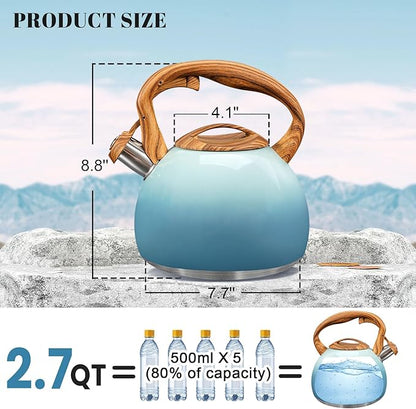 GGC Tea Kettle for Stove Top, 3.1QT/3L Whistling Tea Kettles for Boiling Water Coffee or Milk, Gradient Gray Tea Pot with Wood Parttern Handle, Stainless Steel Tea Pot for Home and Kitchen