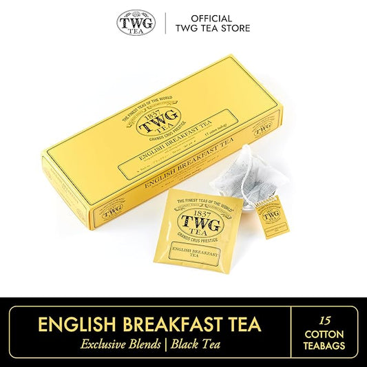 TWG Tea | English Breakfast Tea | Black Tea | Floral Undertones | 15 Hand Sewn Cotton Teabags | Gift Set