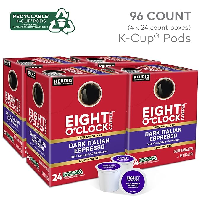 Eight O'Clock Coffee Dark Italian Espresso Roast Keurig Single-Serve K-Cup Pods, Dark Roast Coffee, 96 Count