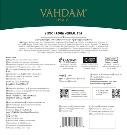 VAHDAM, Vedic Kadha Herbal Tea Bags (100 Ct) Caffeine Free, 100% Real Ingredients - Turmeric, Black Pepper, Amla, Tulsi, Ginger, Cloves | Pure Herbal Tisane - Earthy, Savory | Resealable Ziplock Pouch