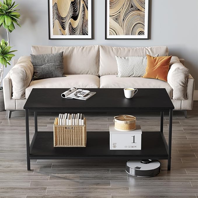 SAYGOER Black Coffee Table for Living Room Modern Rectangle 2-Tier Coffee Tables with Storage Industrial Wood Center Table for Large or Small Spaces Apartment Home Office, All Black
