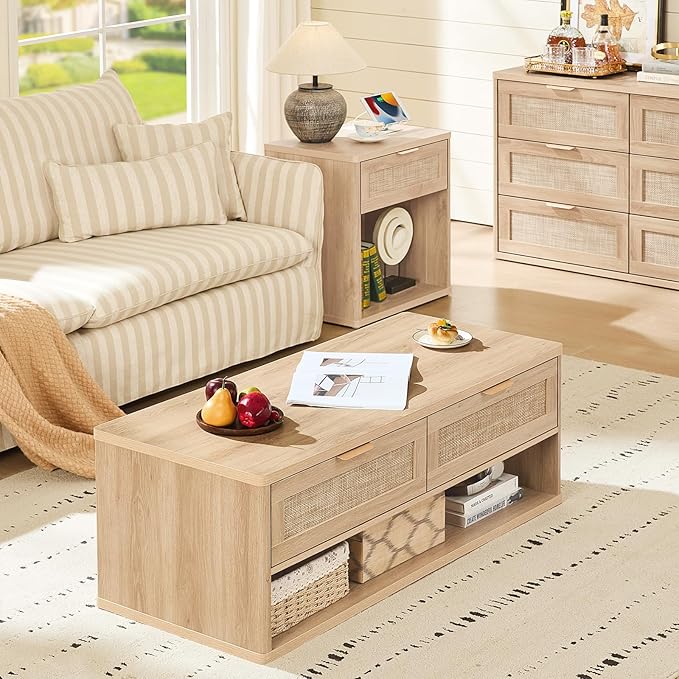 LEYAOYAO 48" Farmhouse Boho Rattan Coffee Table with 2 Woven Drawers,Rectangular Coffee Tables with Hidden Storage Compartment,Curved Profile Design,Wooden Center Table for Living Room,Natual Wood