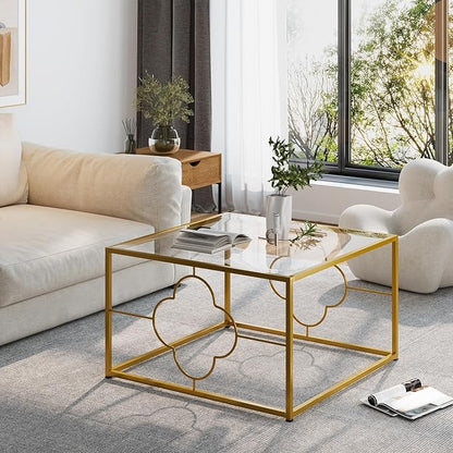 Coffee Table Modern Center Table,Glass Minimalist Square Coffee Table Tea Table for Living Room,Tempered Glass-top with Sturdy Metal Frame, Easy Assembly,26.4 x 26.4 x 15.7 Inches, Gold