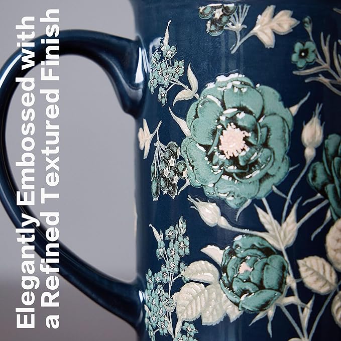 Coffee Mugs Set of 4, 12oz Ceramic Tea Cups with Floral Design, Hand wash only, Microwaveable, Gift Box, Perfect for Cappuccino, Latte, Hot Chocolate–Tazas Para Café Bonitas (Royal Bloom)