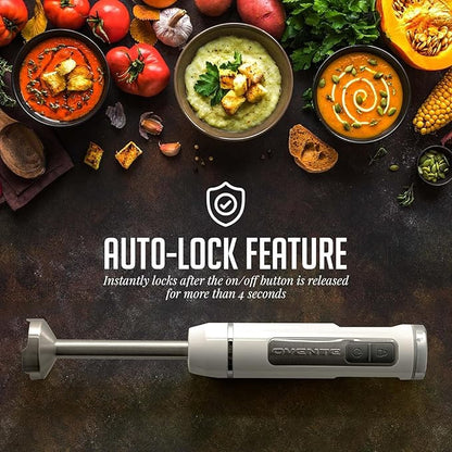 OVENTE Cordless Immersion Hand Blender, Rechargeable Handheld Portable Stick Mixer with 8 Mixing Speed Option, One-Touch Control and Stainless Steel Blades for Smoothies, Shakes or Soups, White HR781W