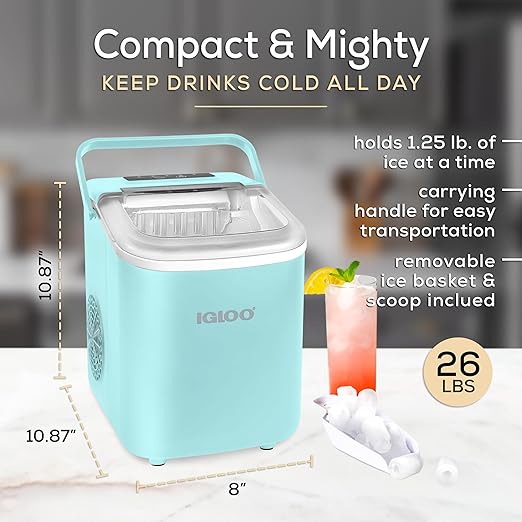 Igloo Automatic Self-Cleaning Portable Electric Countertop Ice Maker Machine with Handle, 26 Pounds in 24 Hours, 9 Ice Cubes Ready in 7 Minutes, with Ice Scoop and Basket