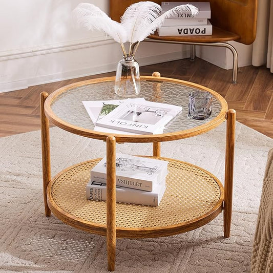 VINGLI 25.6" Rattan Coffee Table, Round Water-Wave Glass Metal Center Table, Modern Coffee Table with 2-Tier Storage, Farmhouse Circular Table for Living Room and Small Space, Natural Vibe