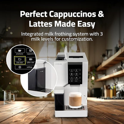 Epsilon Fully Automatic Coffee Machine, Modern One Touch Espresso Machine, Integrated Milk Frother and Custom Brewing Cafe Maker, Compact Countertop Size, Self Cleaning Cafetera (White)