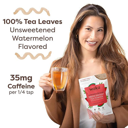Waka Instant Green Tea Mix, Watermelon Flavored - 100% Tea Leaves, No Additives, Unsweetened Tea Powder in Bulk Pouch – Easy Quick Hot and Iced Teas, Up to 200 Cups (4.5oz)