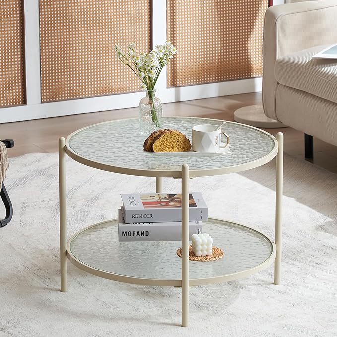 VINGLI 25.6" Small Cream White Round Coffee Table Water-Wave Glass Circle Clear Coffee Table, Center Table with 2-Tier Modern Storage Design for Living Room, Bedroom, Meeting Room, Balcony, Beige
