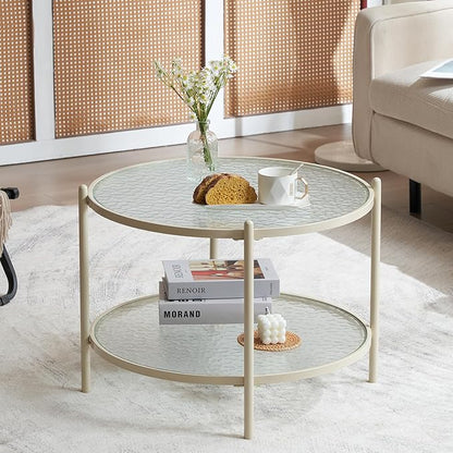 VINGLI 25.6" Small Cream White Round Coffee Table Water-Wave Glass Circle Clear Coffee Table, Center Table with 2-Tier Modern Storage Design for Living Room, Bedroom, Meeting Room, Balcony, Beige