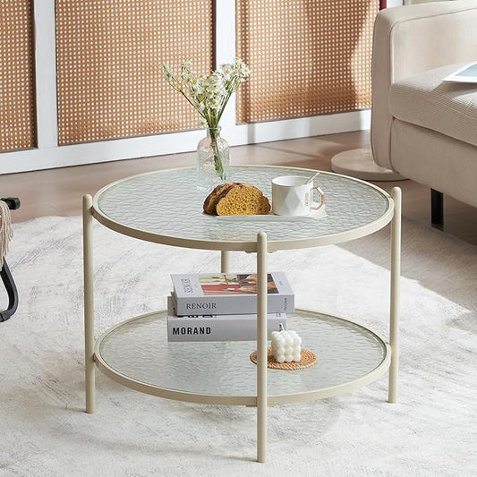 VINGLI 25.6" Small Cream White Round Coffee Table Water-Wave Glass Circle Clear Coffee Table, Center Table with 2-Tier Modern Storage Design for Living Room, Bedroom, Meeting Room, Balcony, Beige