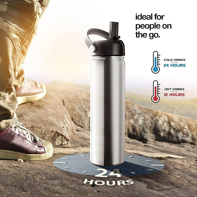 Stainless Steel Insulated Water Bottle and Travel Mug for Hot and Cold Beverages, Wide Mouth, Double Wall Insulated Hydration Sports Water Bottle for Hiking, Biking, Outdoor, 22 OZ BPA Free