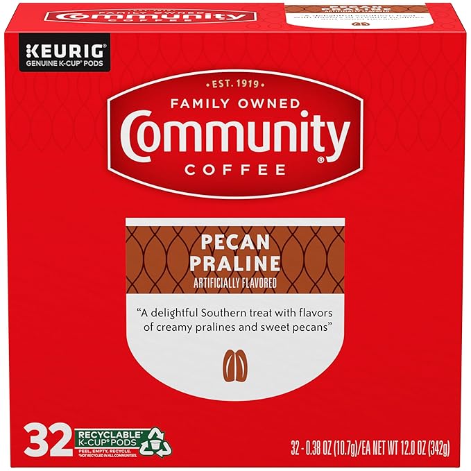 Community Coffee Pecan Praline Flavored, Medium-Dark Roast, Single-Serve Keurig K-Cup Pods, 32 Count (Pack of 4)