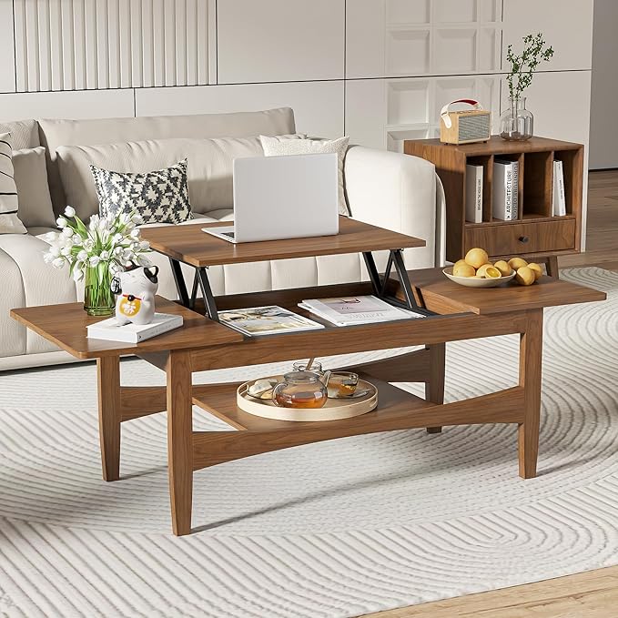Coffee Table with Lifting Top, Rectangle Wood Lift Top Coffee Table with Open & Hidden Storage, Mid Century Pull up Center Tables for Living Room, Office (Walnut)