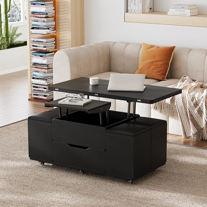 homary Black Lift-Top Coffee Table with Hidden Storage, 3-in-1 Modern Folding Center Table with 4 Stools, Casters, and Lockable Wheels – Convertible Dining & Office Table for Living Room