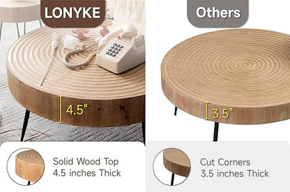LONYKE 2-Piece Boho Farmhouse Nesting Table with Handcrafted Wood Ring Motif, Round Natural Finish Coffee Table Set for Living Room, French Country Decor, Round