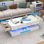 Load image into Gallery viewer, 47.2" Large High-Glossy LED Coffee Table with 2 Sliding Drawers, Living Room Storage Coffee Tables with Marbling Print, Modern Stylish Double-Layer Center Tables w/LED Lights, White