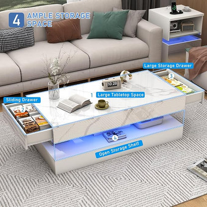 47.2" Large High-Glossy LED Coffee Table with 2 Sliding Drawers, Living Room Storage Coffee Tables with Marbling Print, Modern Stylish Double-Layer Center Tables w/LED Lights, White