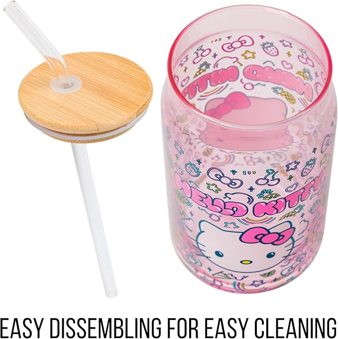 Silver Buffalo Sanrio Hello Kitty Neon Fruits Rainbows and Hearts Pattern Glass Jar Tumbler with Bamboo Lid and Glass Straw, 16 Ounces