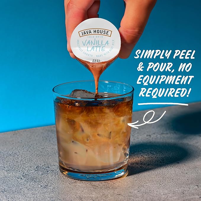 JAVA HOUSE French Vanilla Latte Cold Brew Coffee Pods, (48 Count) Peel and Pour Pods Hot or Iced