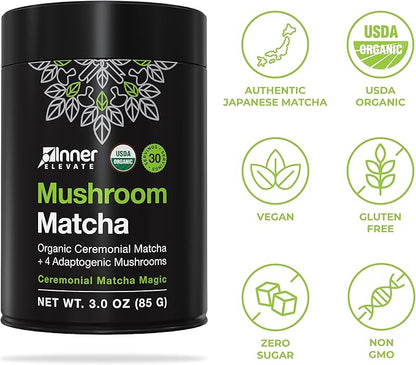 Inner Elevate Mushroom Matcha - Organic, Ceremonial-Grade Matcha Powder with 4 Superfood Mushrooms - Adaptogenic Mushroom Tea Drink with Lion's Mane, Cordyceps, Turkey Tail, Reishi (30 Servings)