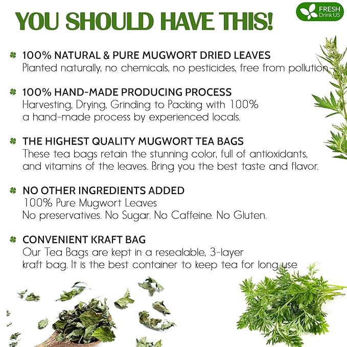 FreshDrinkUS, Premium 90 Mugwort Leaf Tea Bags, 100% Natural and Pure Mugwort Leaves. No Sugar, No Caffeine, No Gluten, Vegan.
