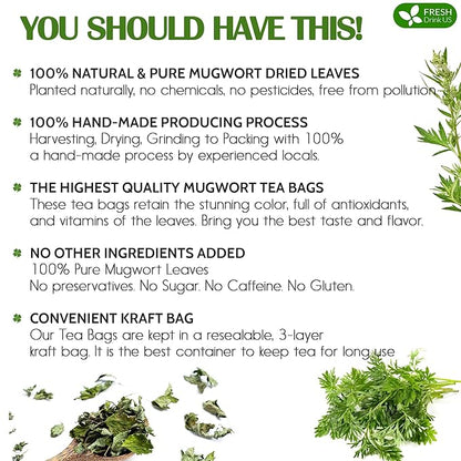 FreshDrinkUS, Premium 25 Mugwort Leaf Tea Bags, 100% Natural and Pure Mugwort Leaves. Loose Leaf Mugwort Herbal Tea. Mugwort Leaf Tea. No Sugar, No Caffeine, No Gluten, Vegan. (25 Tea Bags)