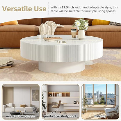 31.5 Inch Round Drum Coffee Table, Modern Handcraft Fluted Drum Coffee Table, Wooden Round Coffee Table Center Table Cocktail Table with Stable Pedestal for Living Room Apartment (White)