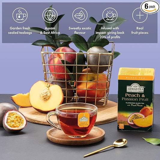Ahmad Tea Black Tea, Peach And Passion Fruit Teabags, 20 ct (Pack Of 6) - Caffeinated And Sugar-Free