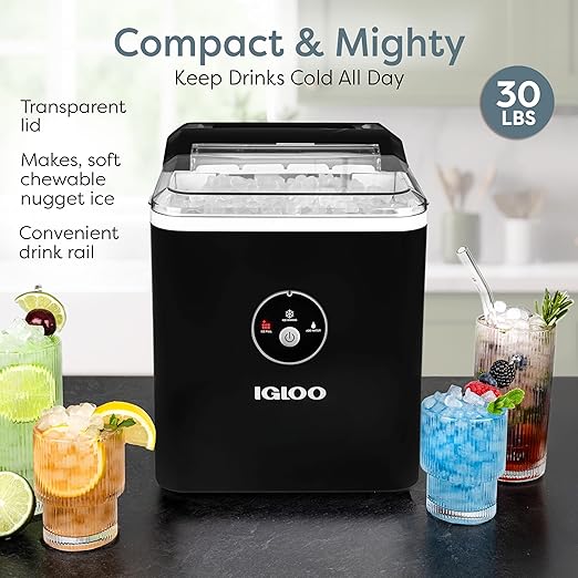 Igloo Countertop Nugget Ice Maker, Produces 30 Pounds Daily First Batch in 8 Minutes, 1.75-Capacity Removable Basket and 1.5-Quart Water Tank, Automatic Cleaning, Black