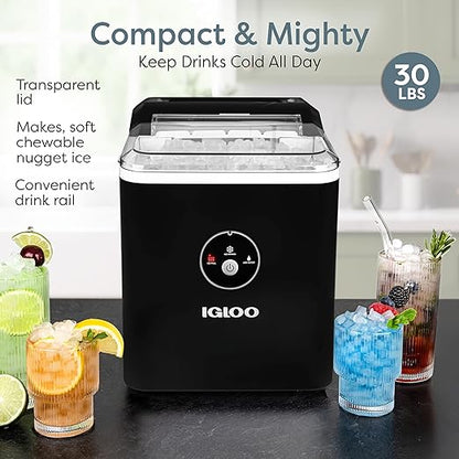 Igloo Countertop Nugget Ice Maker, Produces 30 Pounds Daily First Batch in 8 Minutes, 1.75-Capacity Removable Basket and 1.5-Quart Water Tank, Automatic Cleaning, Black