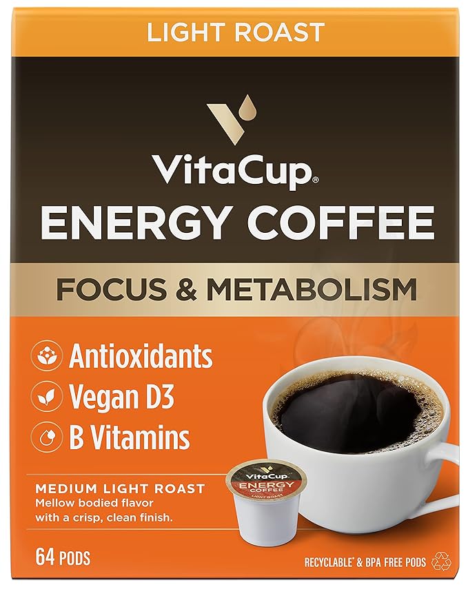 VitaCup Light Roast Coffee Pods with Vitamin B1, B5, B6, B9, B12 & D3 Infused for Energy & Metabolism in Recyclable Single Serve Pod Compatible with K-Cup Brewers Including Keurig 2.0, 64 Count