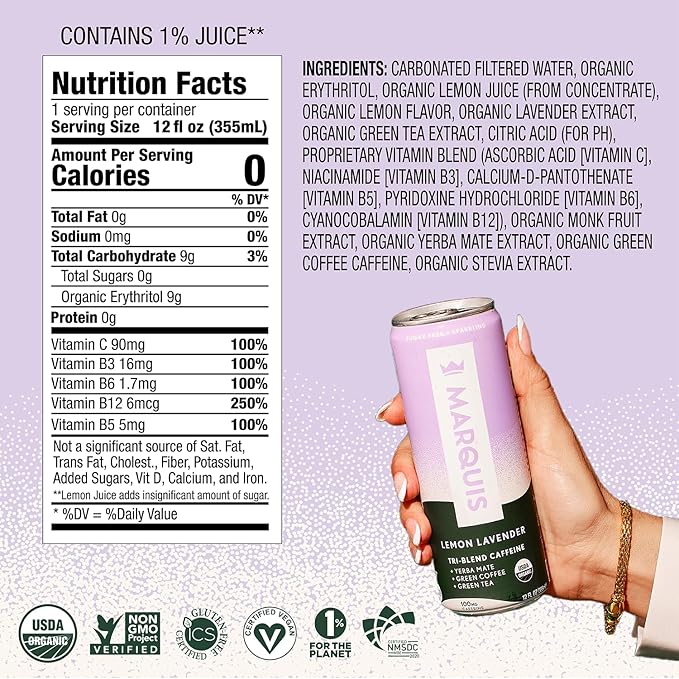 Marquis - Natural Energy Drink - Lemon Lavender - Sugar Free - 0 Calories - 100mg of Organic Plant Based Caffeine - Yerba Mate - Green Tea - Vitamin C & B Vitamins - Vegan - 12 oz Cans - 12 Pack