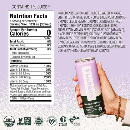 Marquis - Natural Energy Drink - Lemon Lavender - Sugar Free - 0 Calories - 100mg of Organic Plant Based Caffeine - Yerba Mate - Green Tea - Vitamin C & B Vitamins - Vegan - 12 oz Cans - 12 Pack