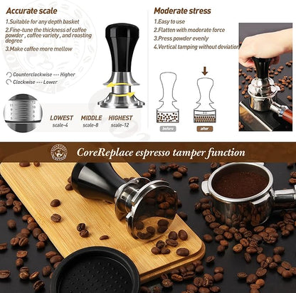 Newest 58mm Espresso Coffee Tamper Adjustable Height with Scale, 30lbs Springs Tamping Strength, Stainless Steel Flat Base, with Mat