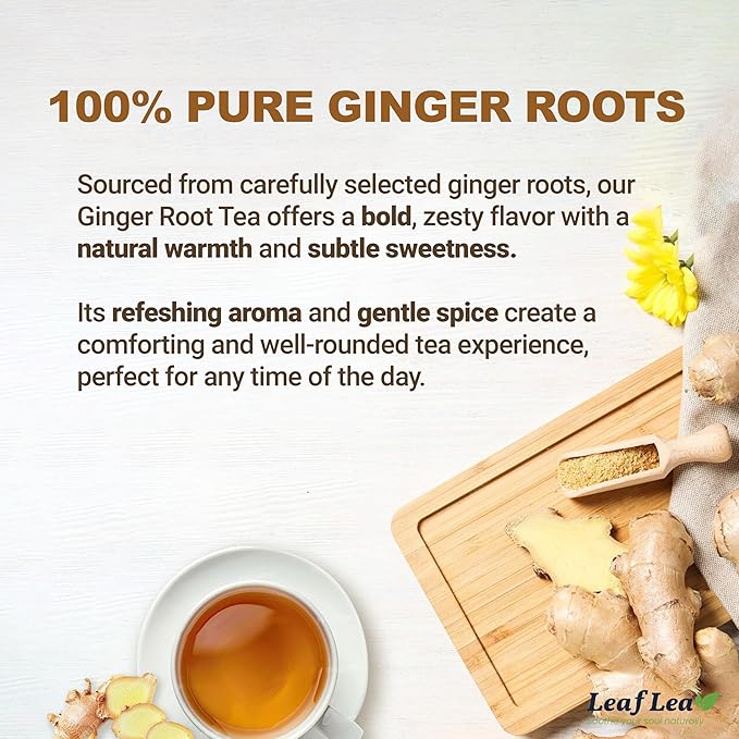 LeafLea 40 Ginger Tea Bags, 100% Pure & Natural from Dried Ginger Root Tea, Spicy & Comforting Herbal Tea Supports Digestion, Caffeine Free, Sugar Free, No Gluten, Non-GMO, Vegan