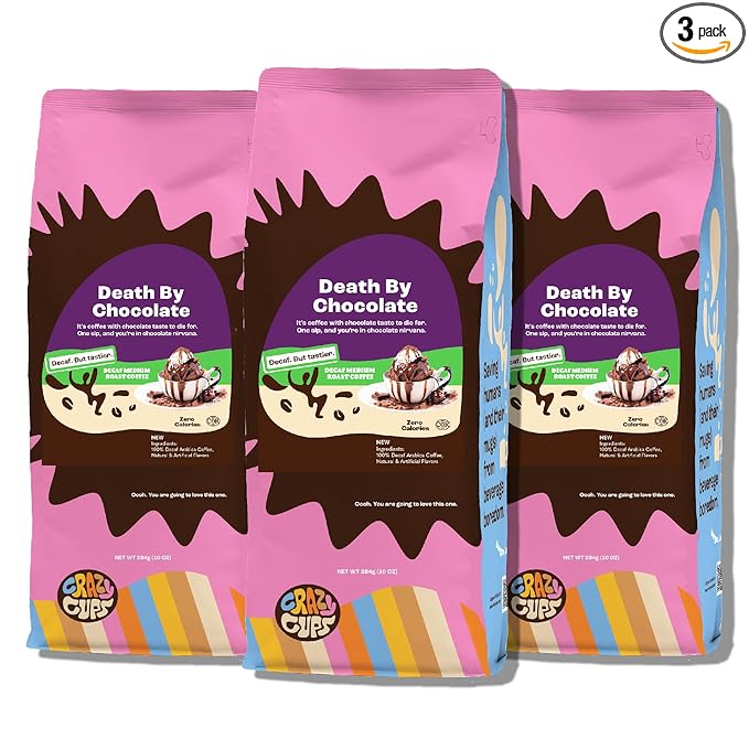 Crazy Cups Flavored Ground Decaf Chocolate Coffee, Decaffeinated Death By Chocolate Coffee in 10 oz Bag, For Brewing Flavored Hot or Iced Coffee, 3 Pack