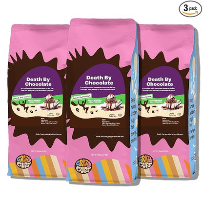 Crazy Cups Flavored Ground Decaf Chocolate Coffee, Decaffeinated Death By Chocolate Coffee in 10 oz Bag, For Brewing Flavored Hot or Iced Coffee, 3 Pack