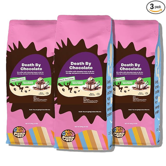 Crazy Cups Flavored Ground Decaf Chocolate Coffee, Decaffeinated Death By Chocolate Coffee in 10 oz Bag, For Brewing Flavored Hot or Iced Coffee, 3 Pack