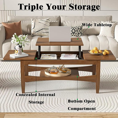 Coffee Table with Lifting Top, Rectangle Wood Lift Top Coffee Table with Open & Hidden Storage, Mid Century Pull up Center Tables for Living Room, Office (Walnut)