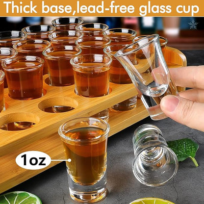 Shot Glasses Set of 24 Large Shot Glasses and Holder 1oz/30ml Shot Glass Tray Stand Thick Base for Party Club Bar Home Tools Restaurant Kitchen Barware Glassware Drinking Spirit Tasting Gifts