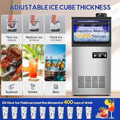 Commercial Ice Maker Machine, 110Lbs/24H, 30Lbs Storage, 36Pcs Clear Ice Cubes in 10-15Mins, Stainless Steel Under Counter or Freestanding Ice Machine - 2 Water Inlet Modes, for Home Party Office