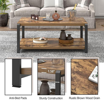 EXCEFUR Modern Coffee Table, Industrial Wood and Metal Center Table, Cocktail Tea Tables for Living Room, Rustic Brown