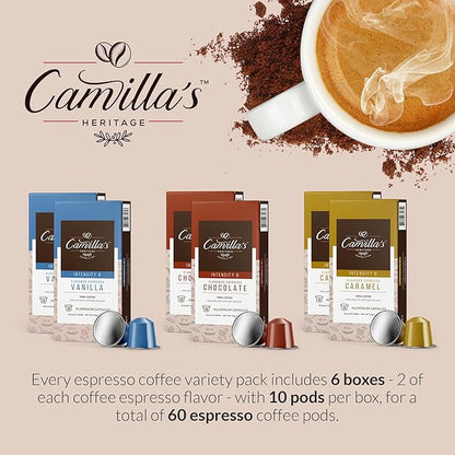 Camilla’s Heritage - Intensity 8 Flavored Espresso Coffee Variety Pack (Gourmet Chocolate, Vanilla & Caramel Espresso Cups) 60 Coffee Pods