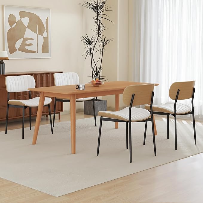 Modern PU Leather Dining Room Chairs Set of 6, Upholstered Kitchen Chairs with Curved Wood Backrest and Metal Legs Adjustable Feet for Kitchen Dining Room(White)